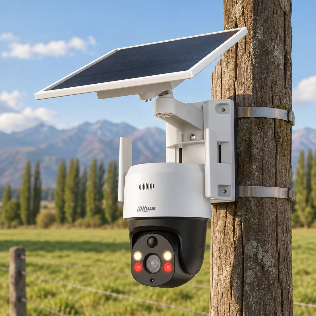 Cámara solar Dahua instalada en un poste de madera junto a un potrero, con álamos y cordillera al fondo