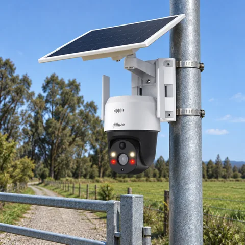 Cámara solar Dahua en un poste junto al portón de una parcela